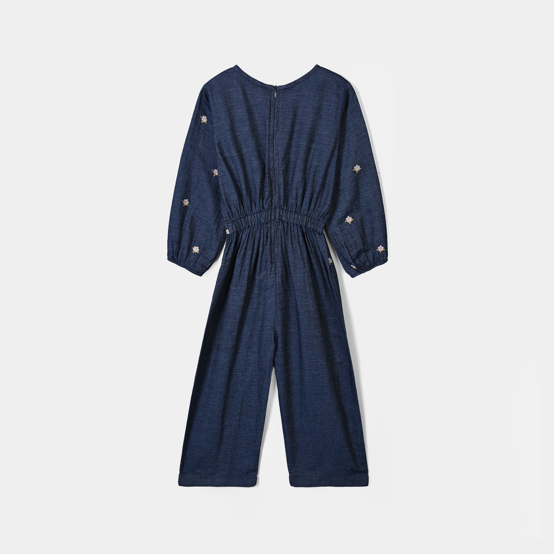 Girls Tensile Denim (Light Denim) Emb Jumpsuit Floral-BLUE