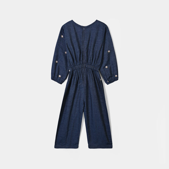 Girls Tensile Denim (Light Denim) Emb Jumpsuit Floral-BLUE