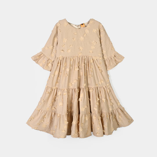 Girls Cotton Long Frock-3D Layer-Lt.Brown