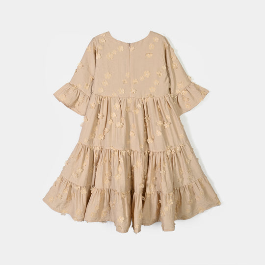 Girls Cotton Long Frock-3D Layer-Lt.Brown