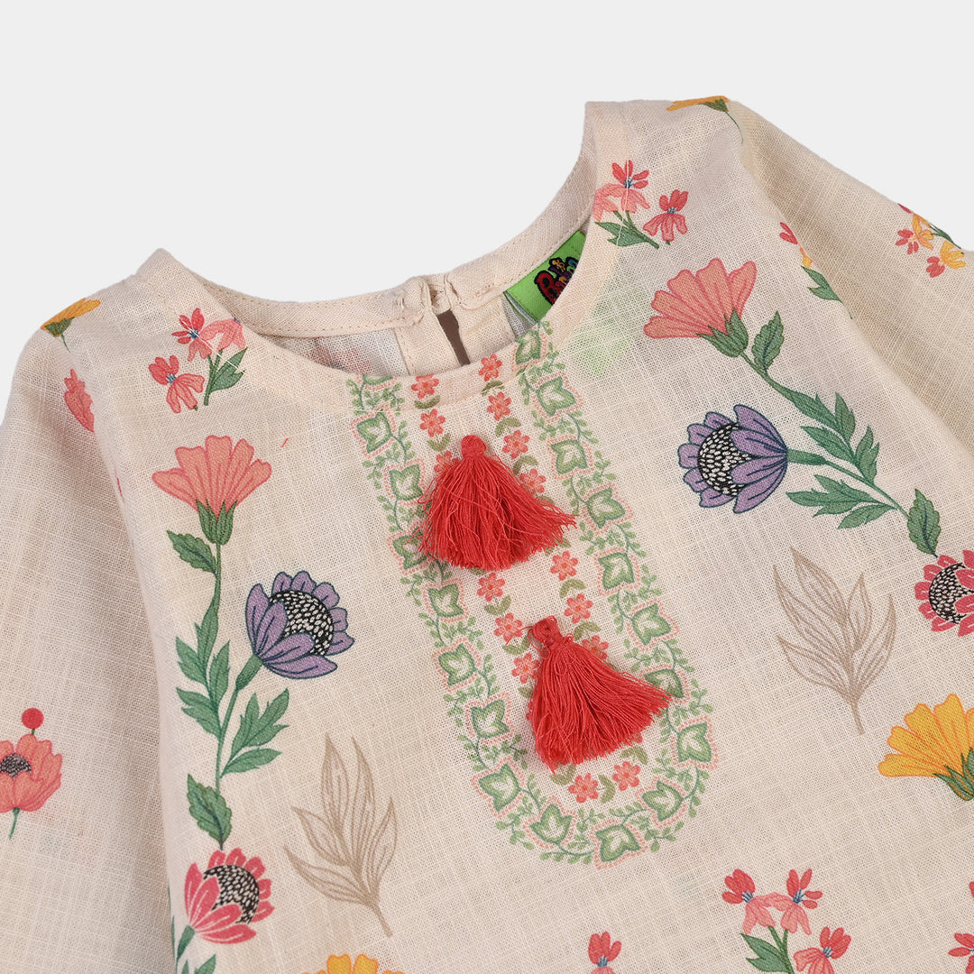 Infant Girls Cotton Printed 2Pcs Flowers- Beige