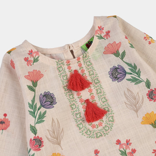 Infant Girls Cotton Printed 2Pcs Flowers- Beige
