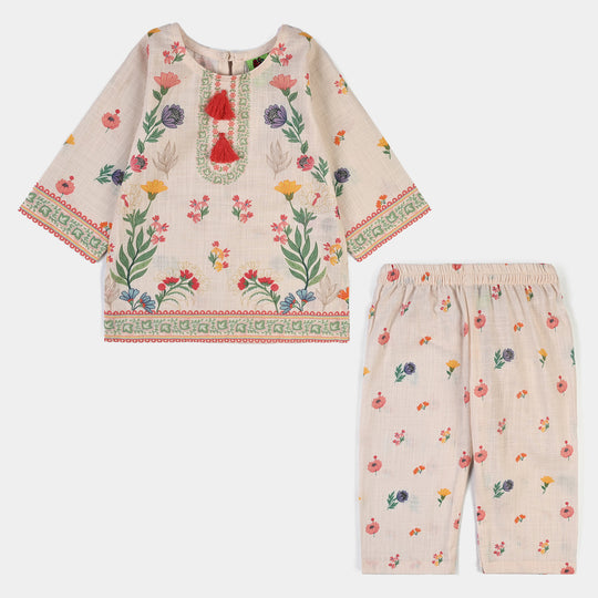 Infant Girls Cotton Printed 2Pcs Flowers- Beige