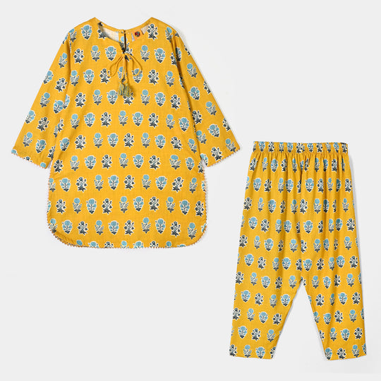 Girls Cotton Printed 2Pcs Tulip-Mustard