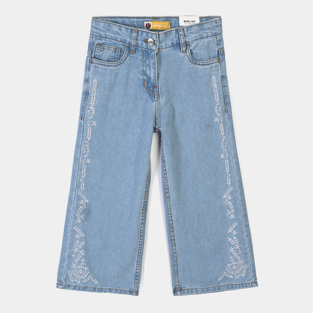 Girls Denim rigid Pant Flowers 2-Mid Blue