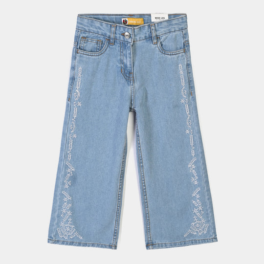 Girls Denim rigid Pant Flowers 2-Mid Blue