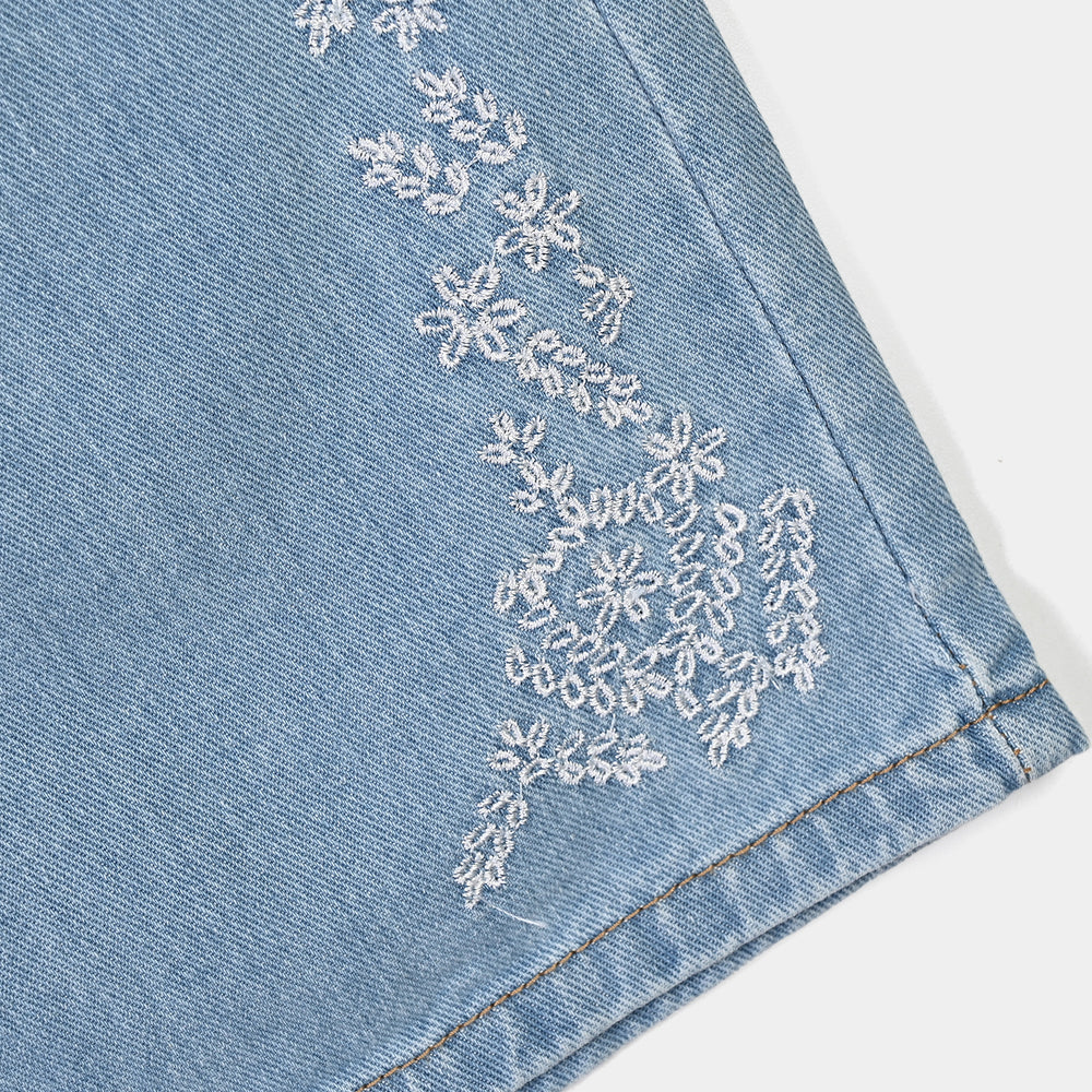 Girls Denim rigid Pant Flowers 2-Mid Blue