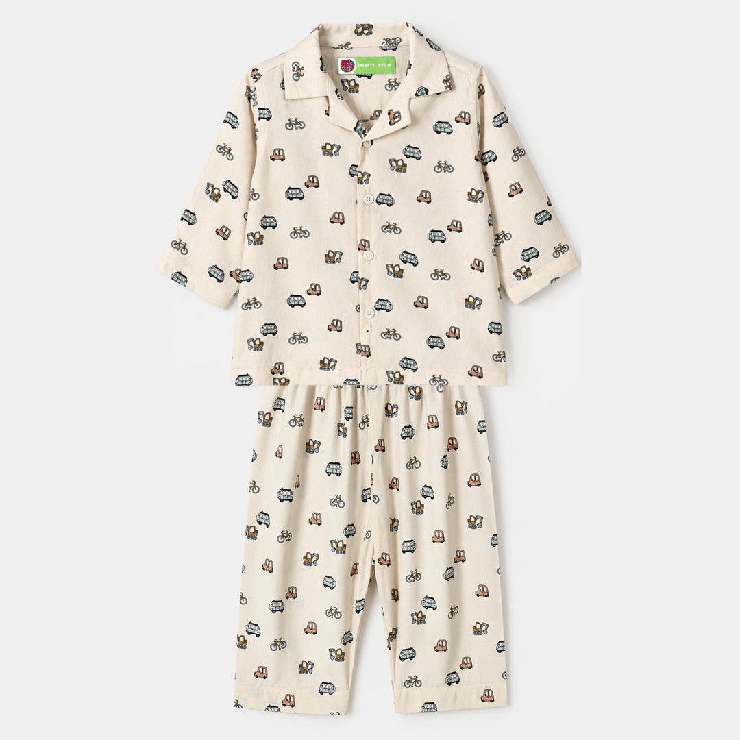 Infant Boys Linen Viscose Nightwear Vehicle-Cream