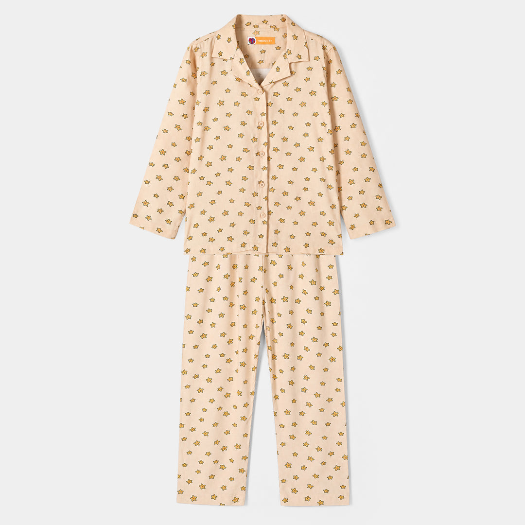 Girls Linen Viscose Nightwear-Star Flower-BEIGE