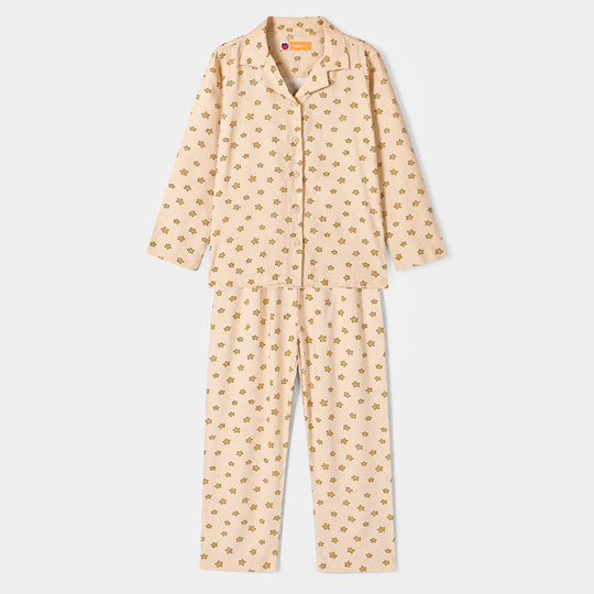 Girls Linen Viscose Nightwear-Star Flower-BEIGE