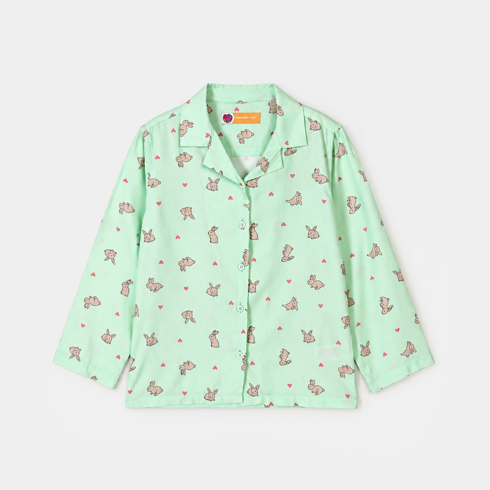 Girls Linen Viscose Nightwear-Rabbit-LT.Green