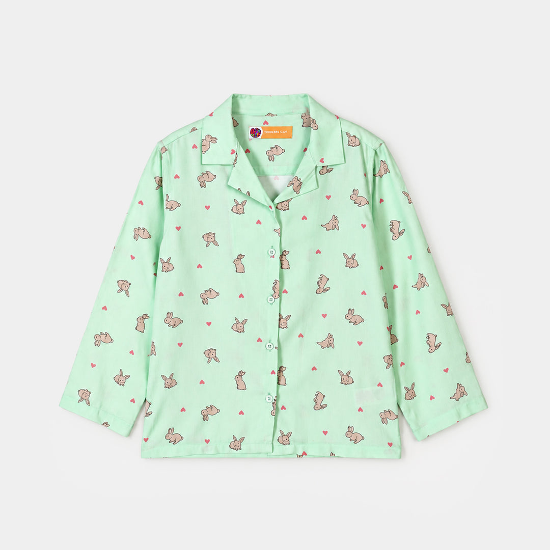 Girls Linen Viscose Nightwear-Rabbit-LT.Green