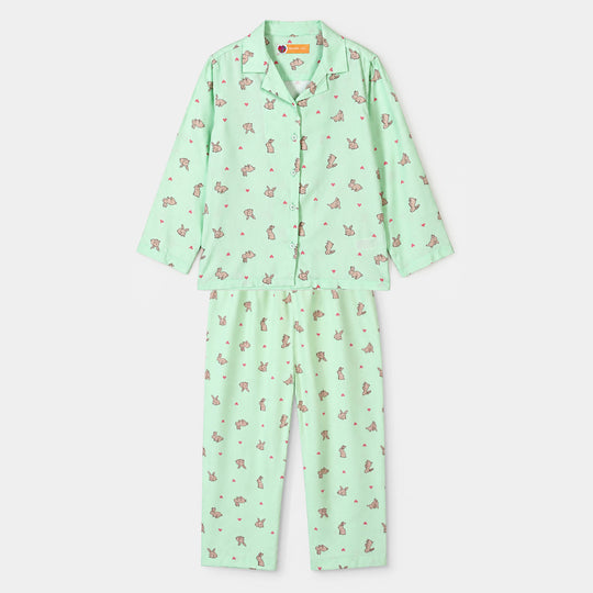 Girls Linen Viscose Nightwear-Rabbit-LT.Green