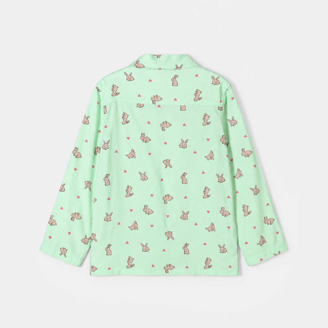 Girls Linen Viscose Nightwear-Rabbit-LT.Green
