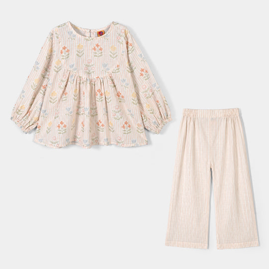 Girls Cotton Co-Ord Set Stripes- Off White