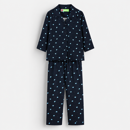 Infant Girls Linen Viscose Nightwear-AOP Hearts-NAVY