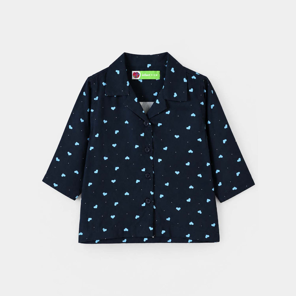Infant Girls Linen Viscose Nightwear-AOP Hearts-NAVY