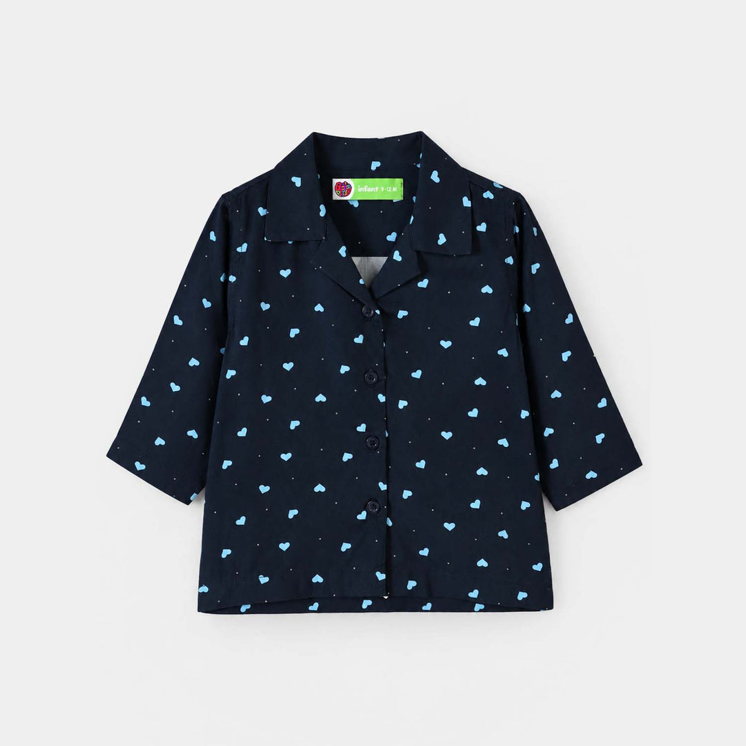Infant Girls Linen Viscose Nightwear-AOP Hearts-NAVY