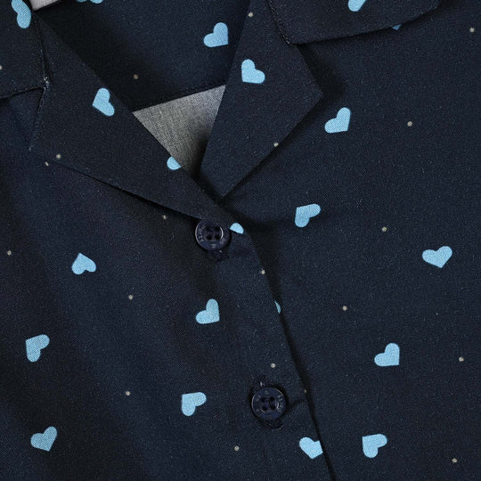 Infant Girls Linen Viscose Nightwear-AOP Hearts-NAVY