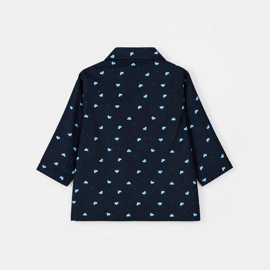 Infant Girls Linen Viscose Nightwear-AOP Hearts-NAVY