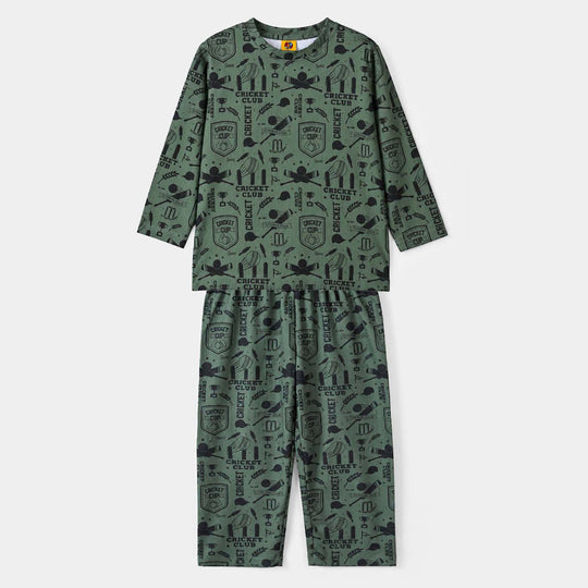 Boys Polyester Rib Night Suit Cricket Club-Green