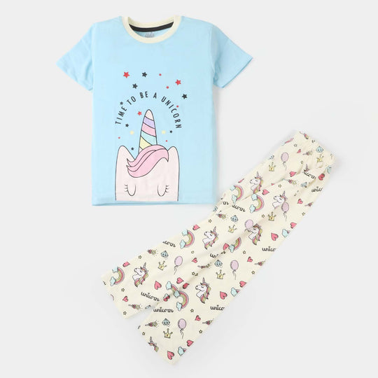 Girls Knitted Night Suit I Am - Sky Blue/Off White