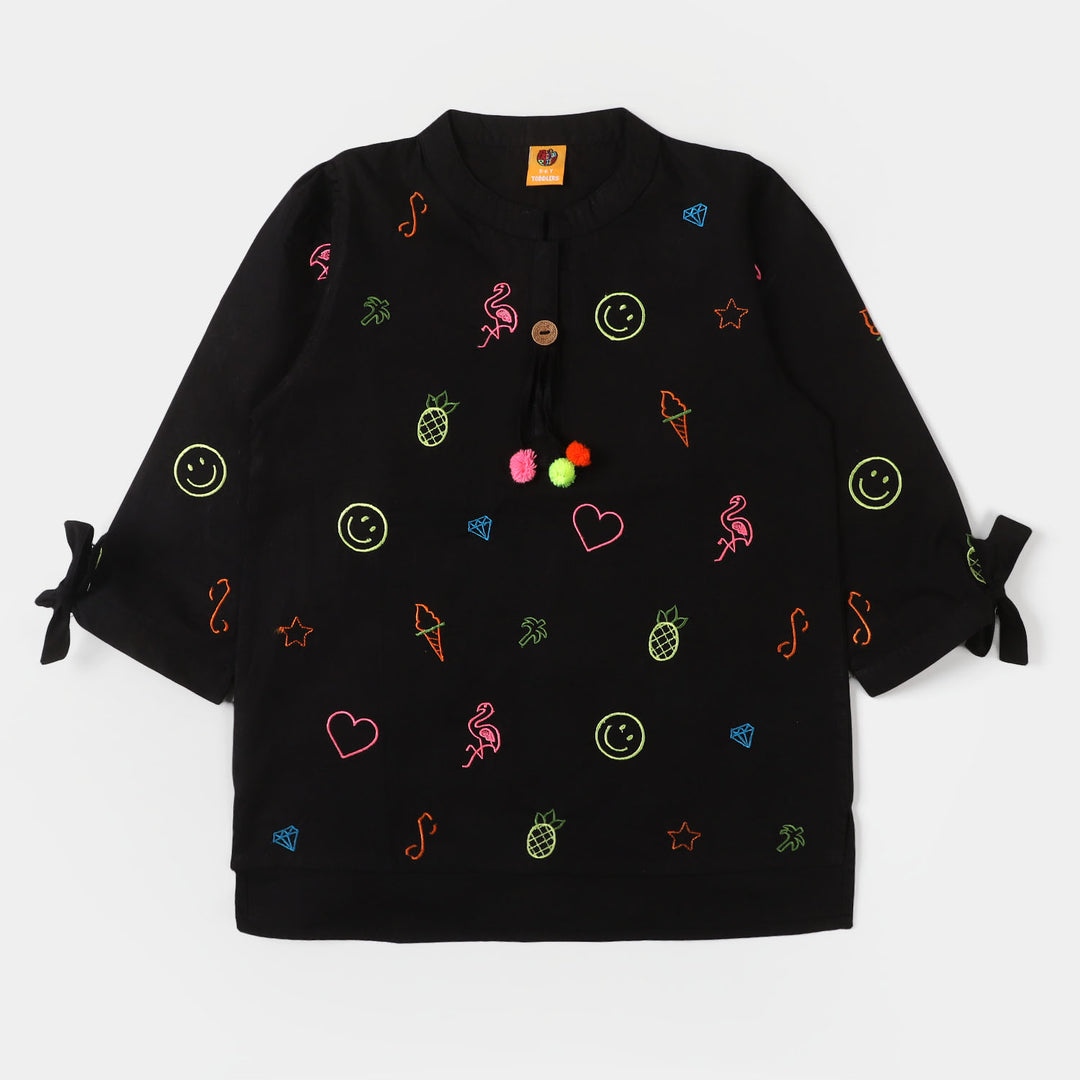 Girls Cotton Embroidered Top Emoji - BLACK