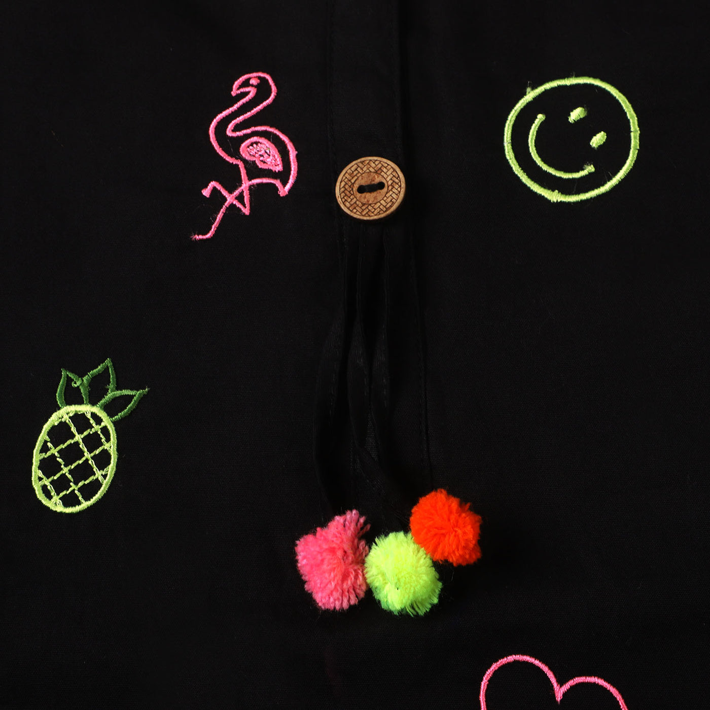 Girls Cotton Embroidered Top Emoji - BLACK