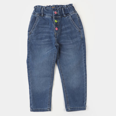 Girls Pant Denim Colored Buttons-Mid Blue