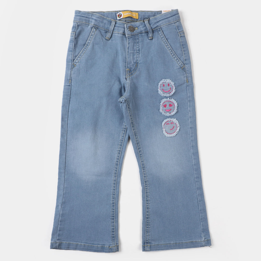 Girls Denim Pant Smiley Face  - Ice Blue