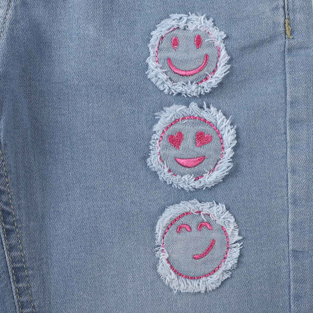 Girls Denim Pant Smiley Face  - Ice Blue