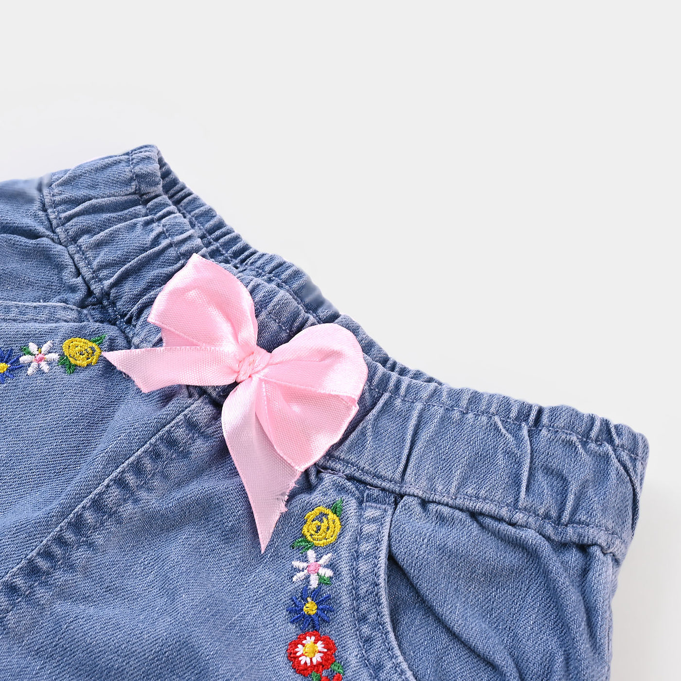 Girls Denim Short Floral - Ice Blue