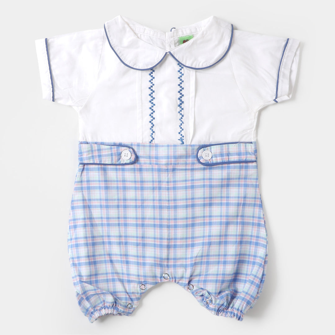 Infant Boys Woven Romper Emb Lines - White