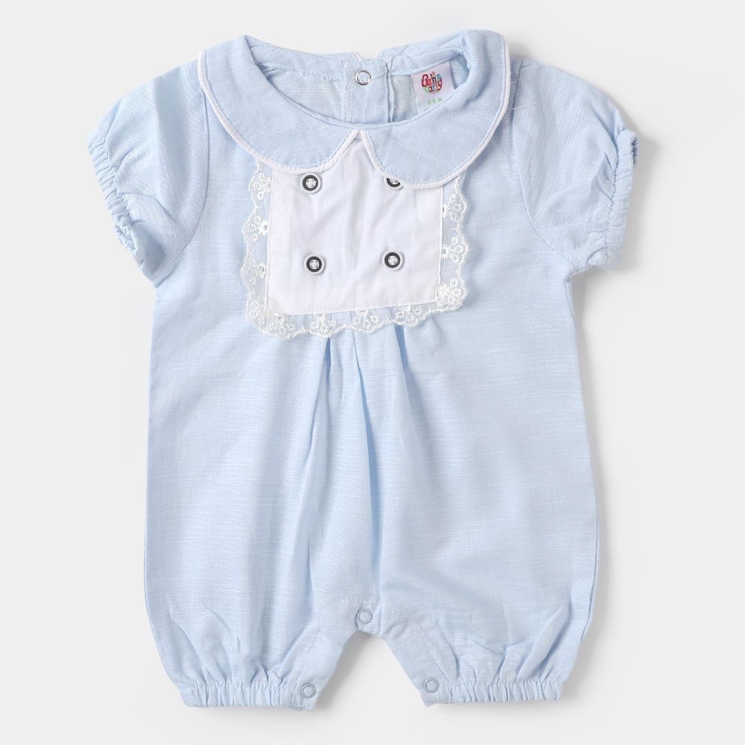Infant Girls Woven Romper Lace Buttons - SKY BLUE