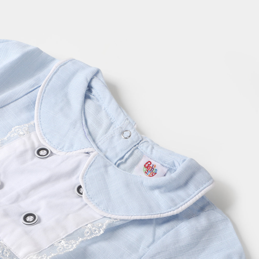Infant Girls Woven Romper Lace Buttons - SKY BLUE