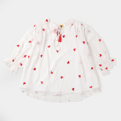 Girls Chiffon Embroidered Top Red Hearts - White