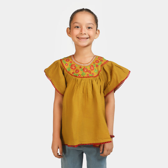 Girls Jacquard Embroidered Top Elegant - Mustard