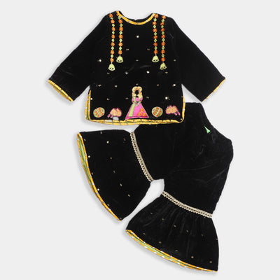 Infant Girls Velvet 2PCs Suit Bells-BLACK