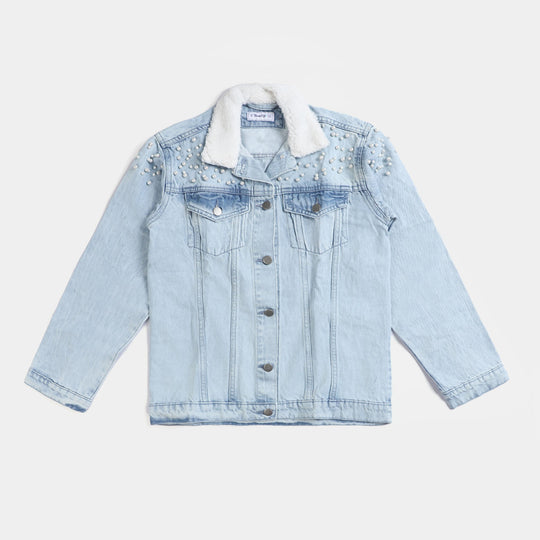 Teens Girls Denim Jacket Pearls-LIGHT BLUE