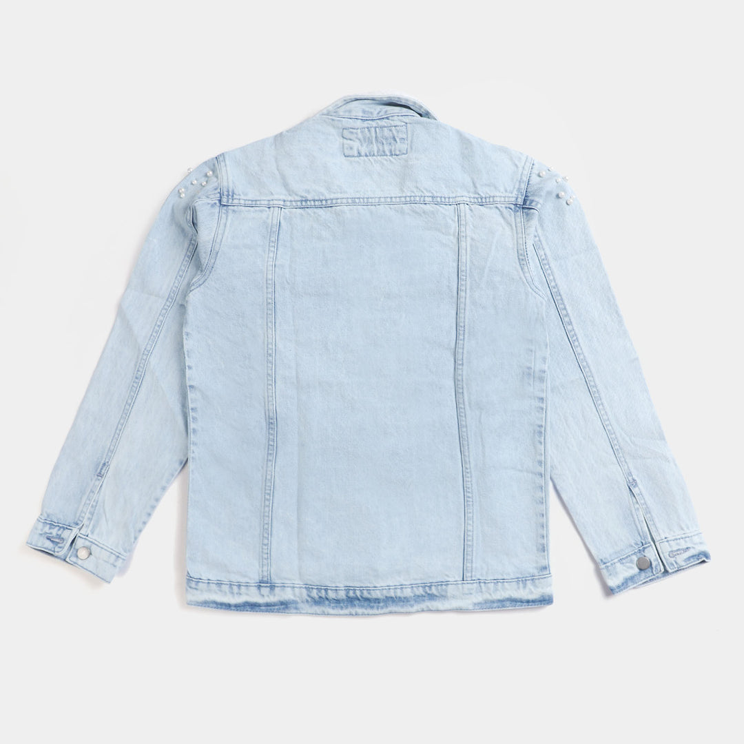 Teens Girls Denim Jacket Pearls-LIGHT BLUE