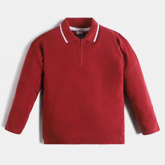 Boys Cotton Polo T-Shirt Half Zip - Maroon