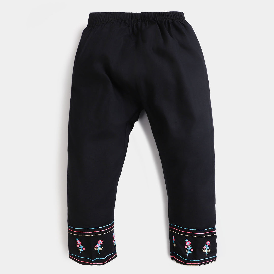 Girls Cotton Emb Trouser -BLACK