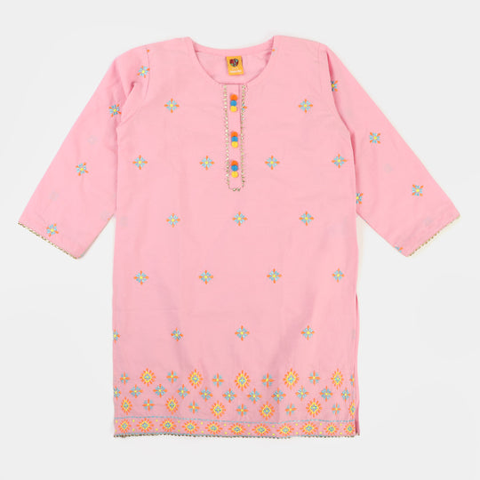 Girls Cotton Embroidered Kurti Pop - Pink