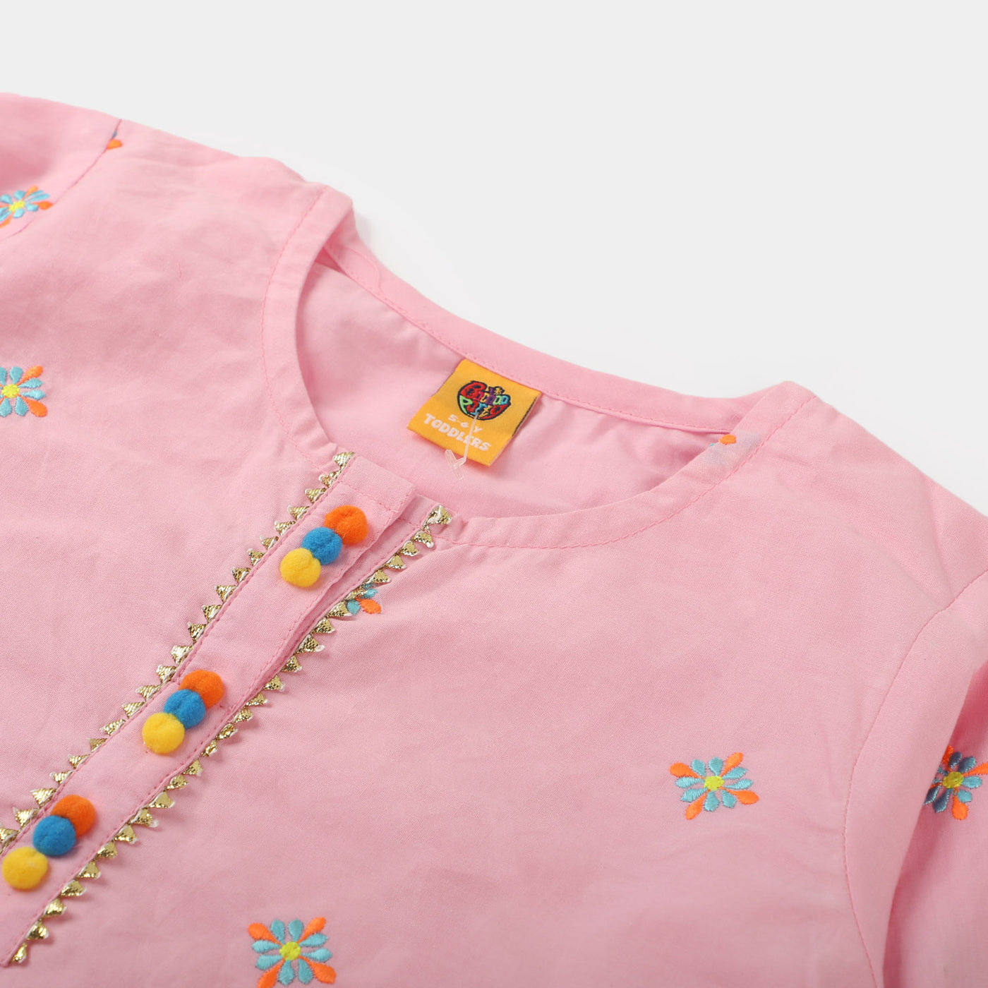 Girls Cotton Embroidered Kurti Pop - Pink