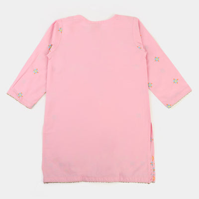 Girls Cotton Embroidered Kurti Pop - Pink