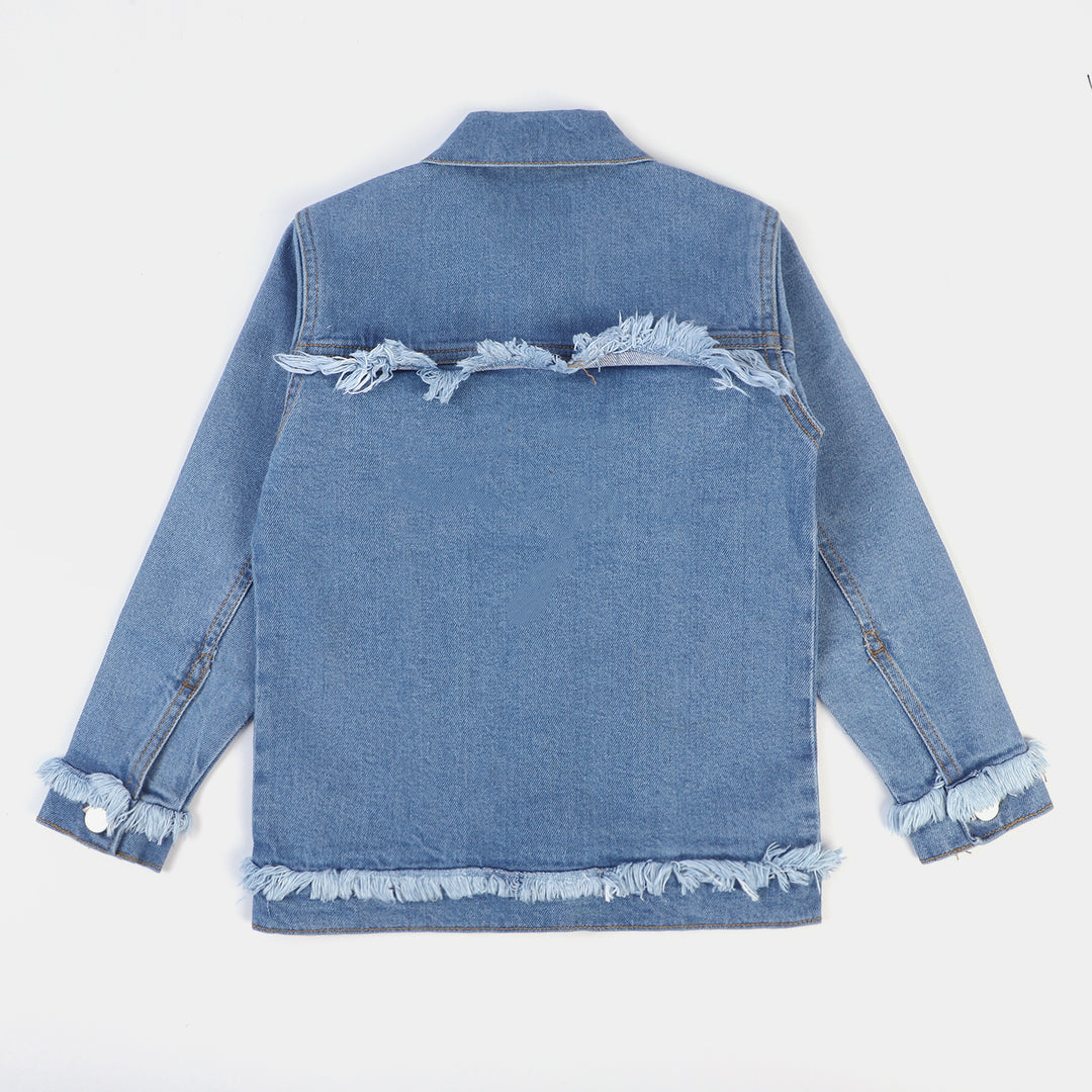 Girls Denim Jacket Fringes-LIGHT BLUE