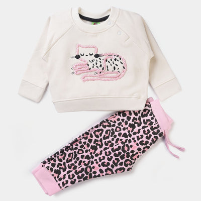 Infant Girls Fleece Knitted 2PC Suit Big Cat-A. White