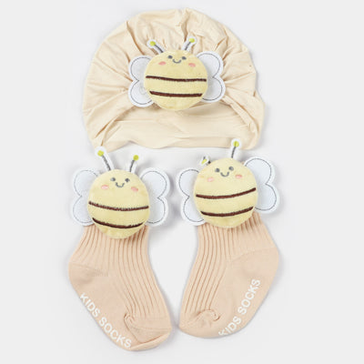 Infant Cap With Pair Socks Set | 3M+