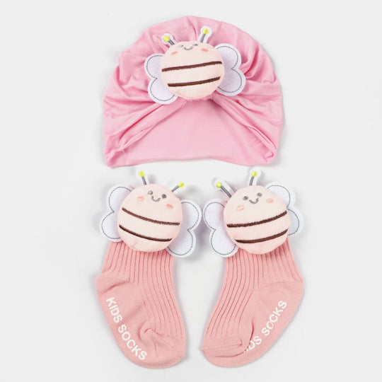 Infant Cap With Pair Socks Set | 3M+