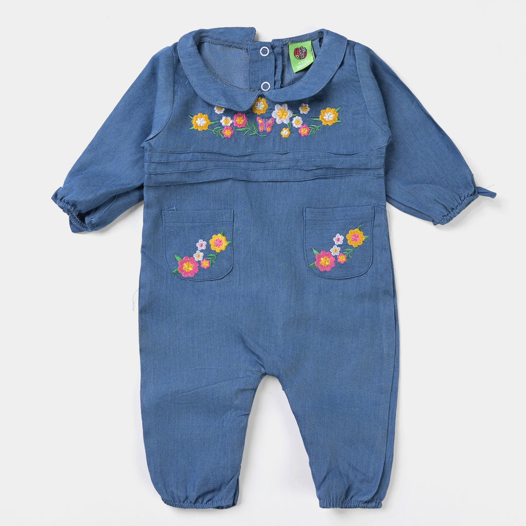 Infant Girls Denim Romper Flower-LIGHT BLUE